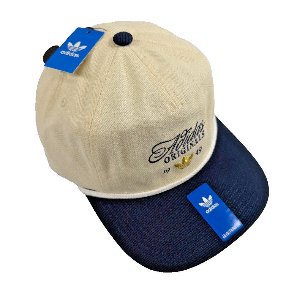 Adidas Originals Rope Hat Embroidered Strapback Cream Navy Blue Cap NWT